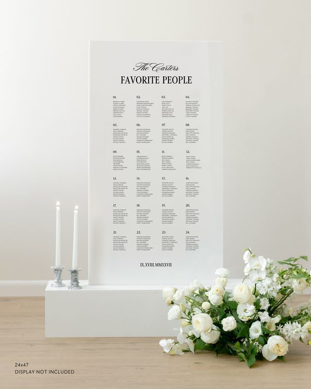 Large acrylic wedding seating chart listing guests alphabetically, Haven collection