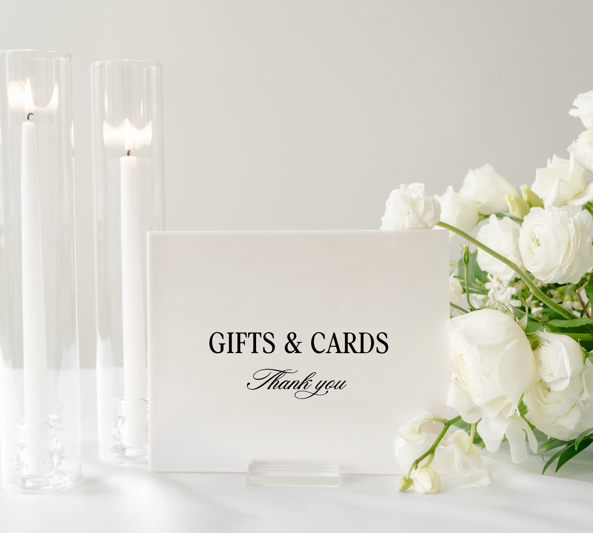 Small acrylic Cards and Gifts sign on a clear stand, Haven collection