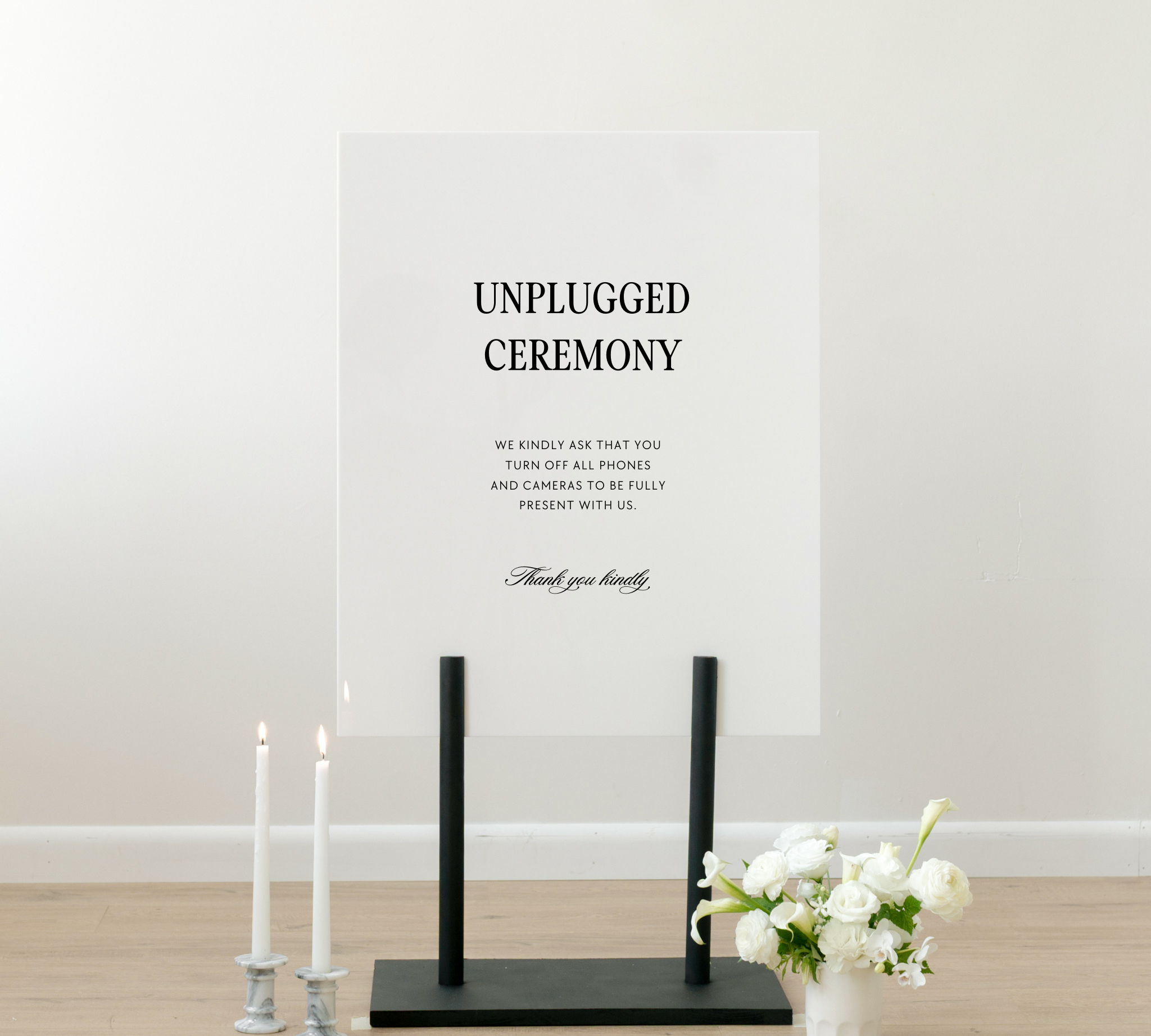 Clear acrylic unplugged wedding ceremony sign asking guests to put phones away, Haven collection