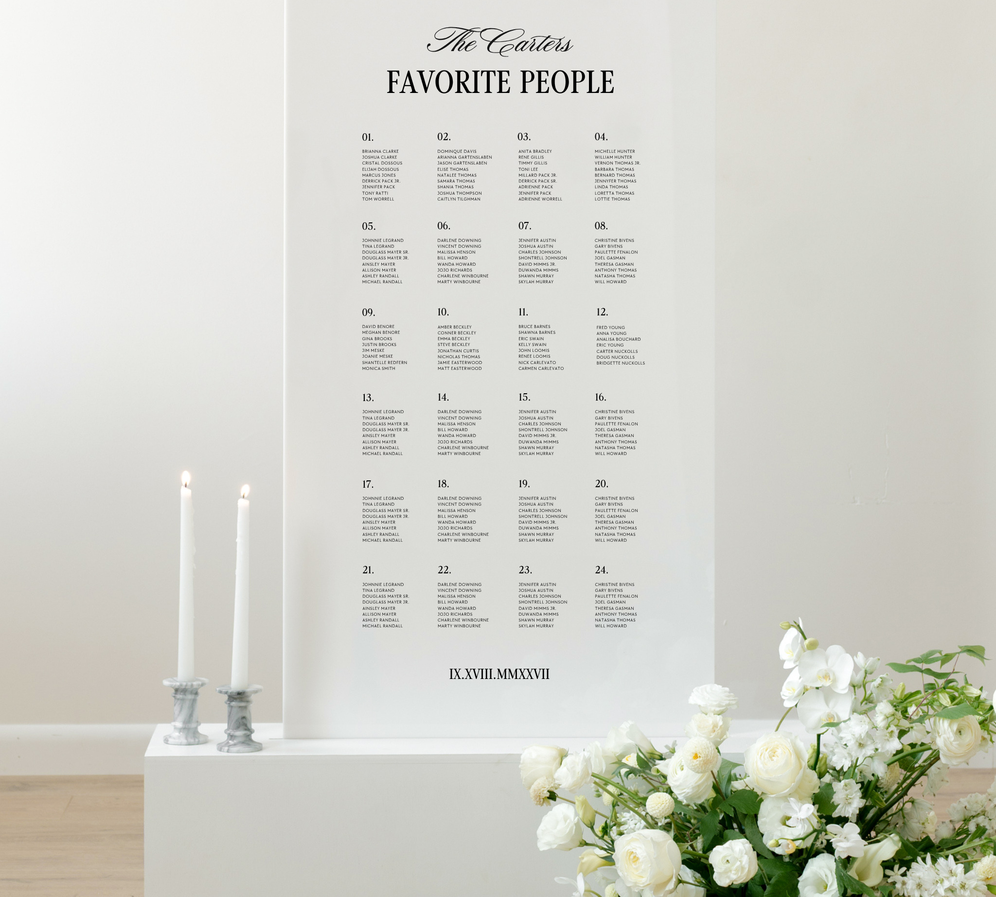 Large acrylic wedding seating chart listing guests alphabetically, Haven collection