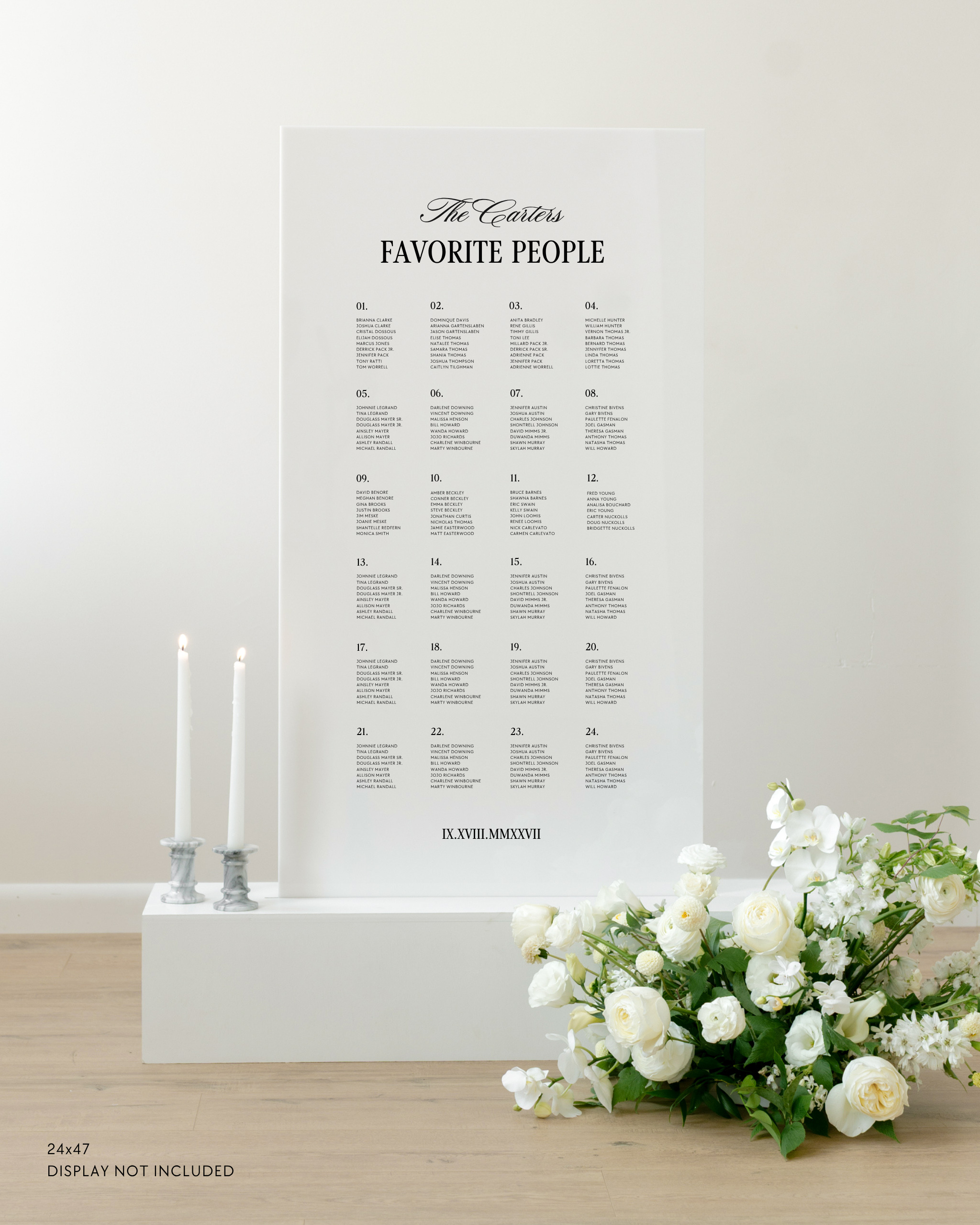 Large acrylic wedding seating chart listing guests alphabetically, Haven collection