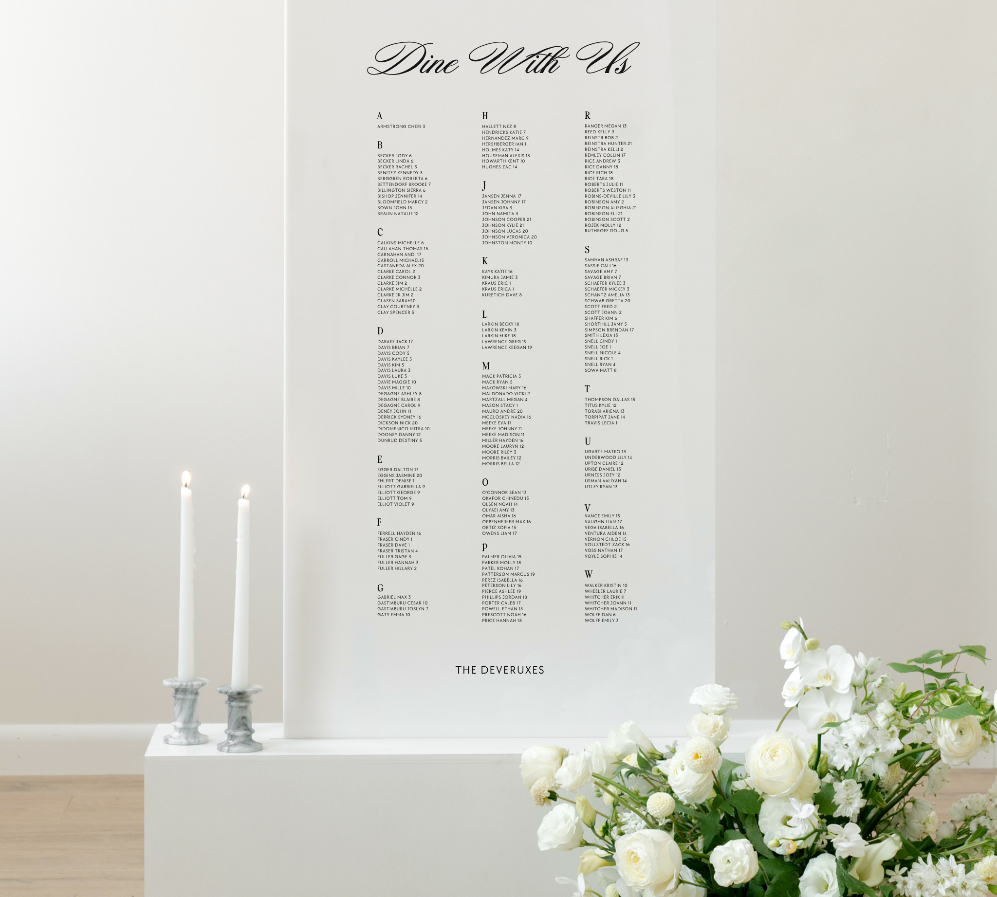 Acrylic wedding seating chart listing guests alphabetically by last name, Haven collection