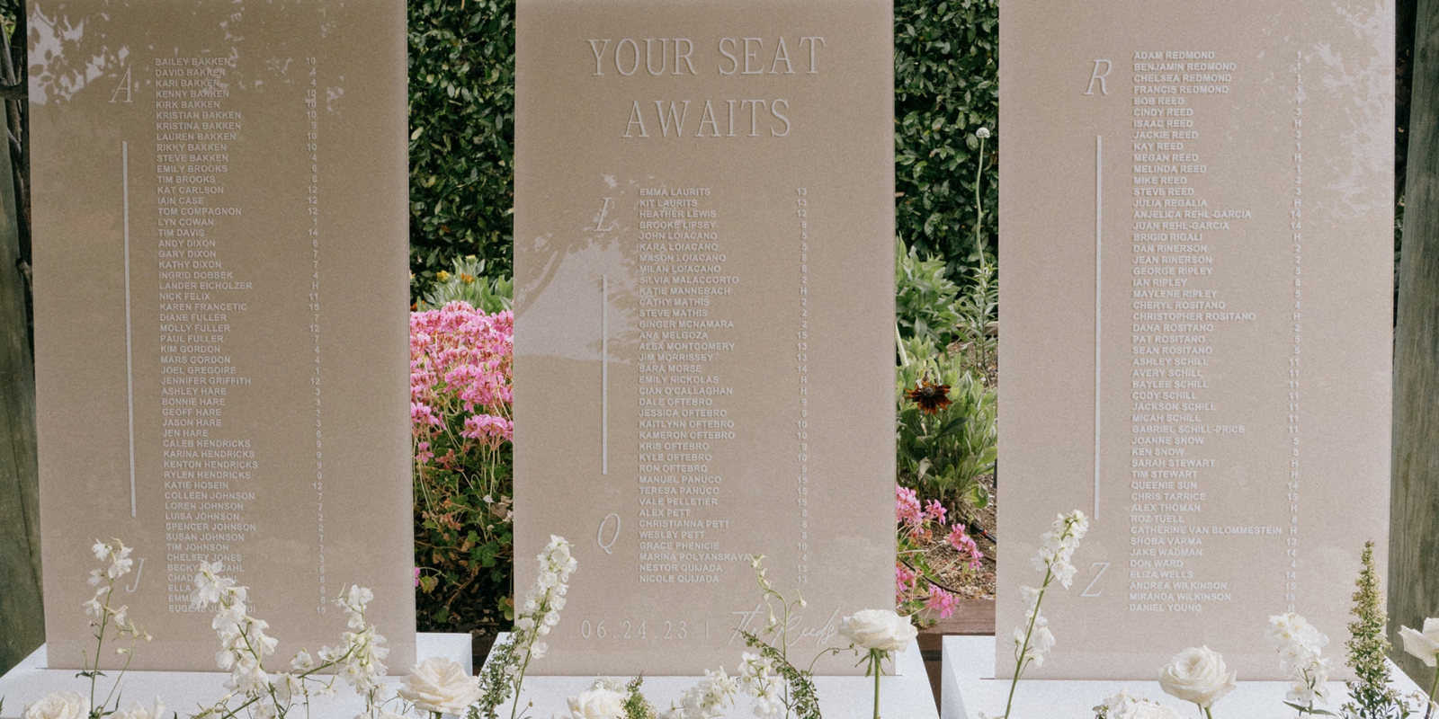 Acrylic double seating chart wedding sign this shows all signs including welcome signs, bar menu signs, table numbers, ceremony signs, guestbook signs, cards signs, and more