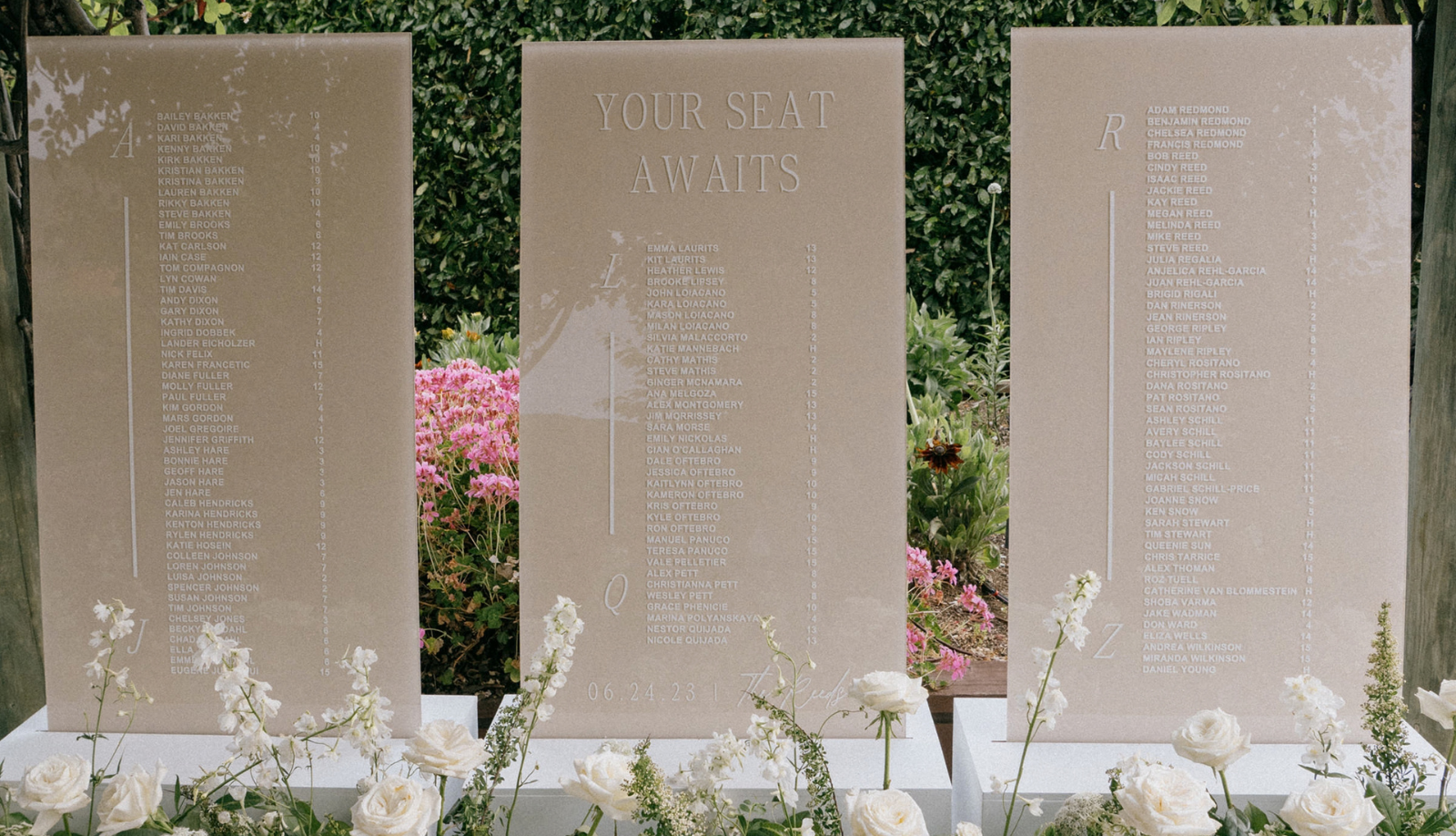 Acrylic double seating chart wedding sign this shows all signs including welcome signs, bar menu signs, table numbers, ceremony signs, guestbook signs, cards signs, and more