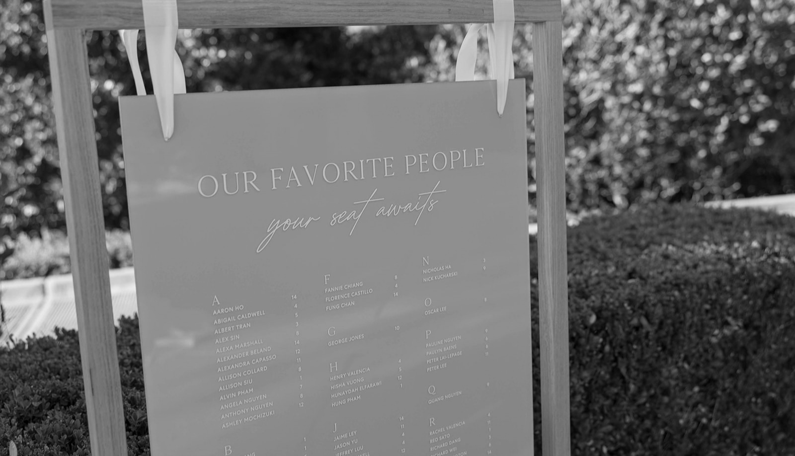 Custom wedding seating chart titled 'Our Favorite People - your seat awaits' displayed on a wooden easel outdoors, showing guest names and table numbers