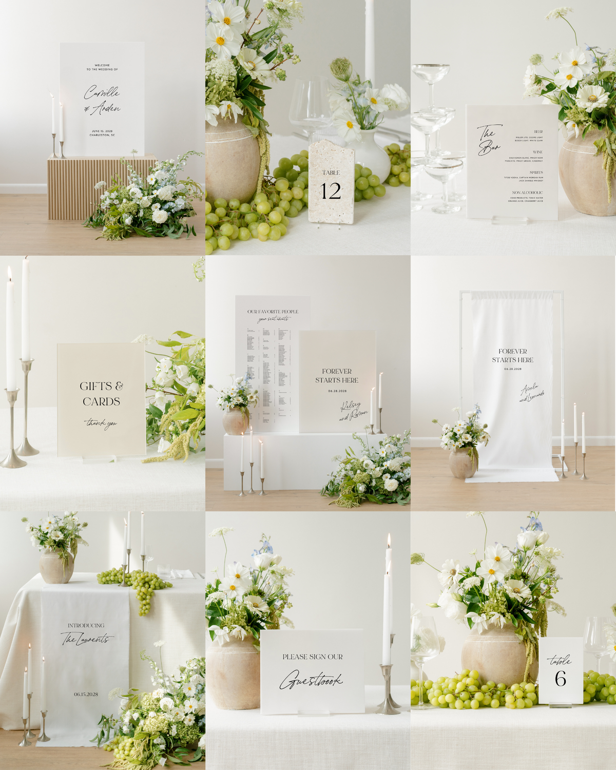 Every sign in The Complete wedding sign bundle, styled with white florals