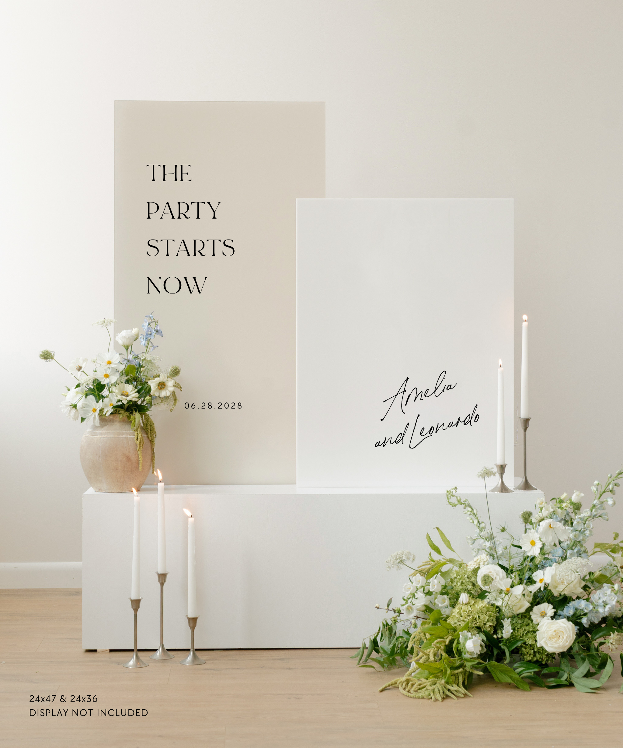 Acrylic Double Wedding Sign The Party Starts Now Amelia and Leonardo