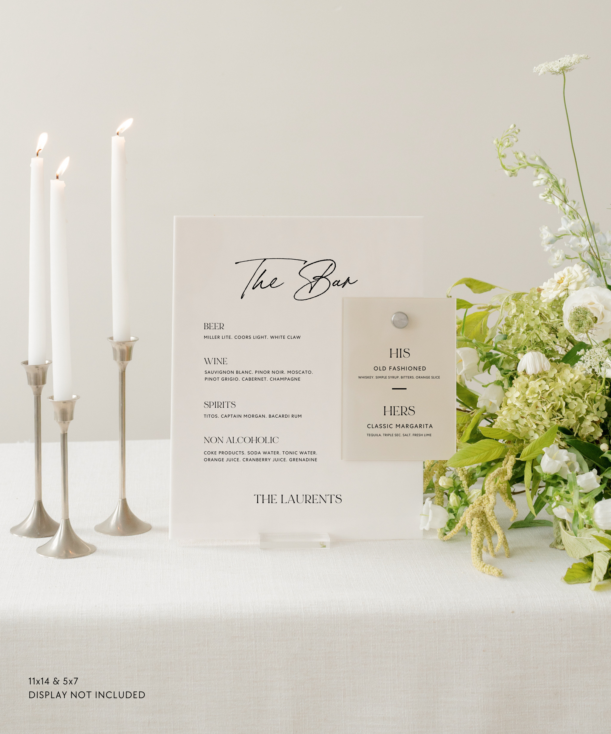 Acrylic Wedding Bar Menu and Signature Cocktail Sign His Old Fashioned Hers Classic Margarita