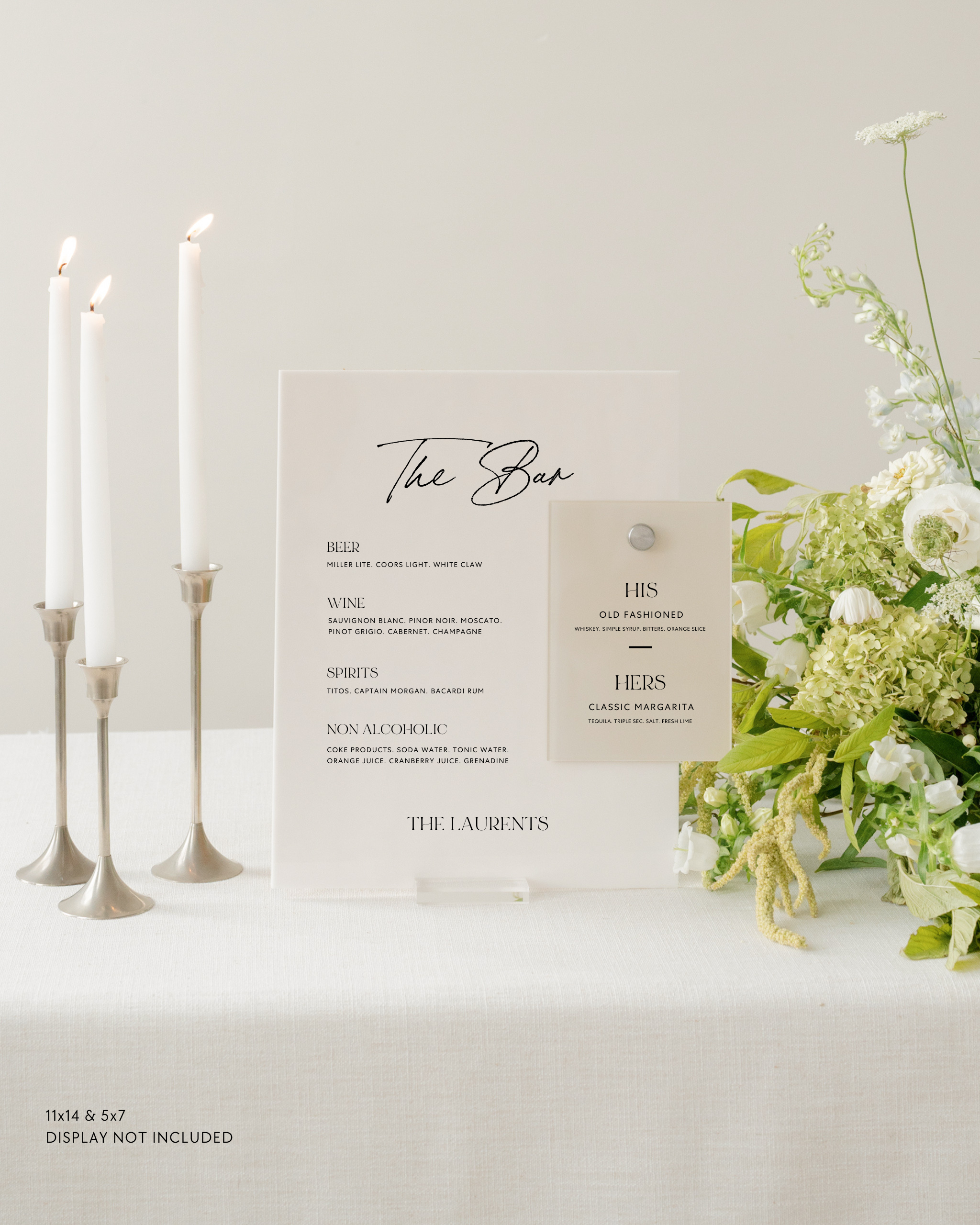 Acrylic Wedding Bar Menu and Signature Cocktail Sign His Old Fashioned Hers Classic Margarita