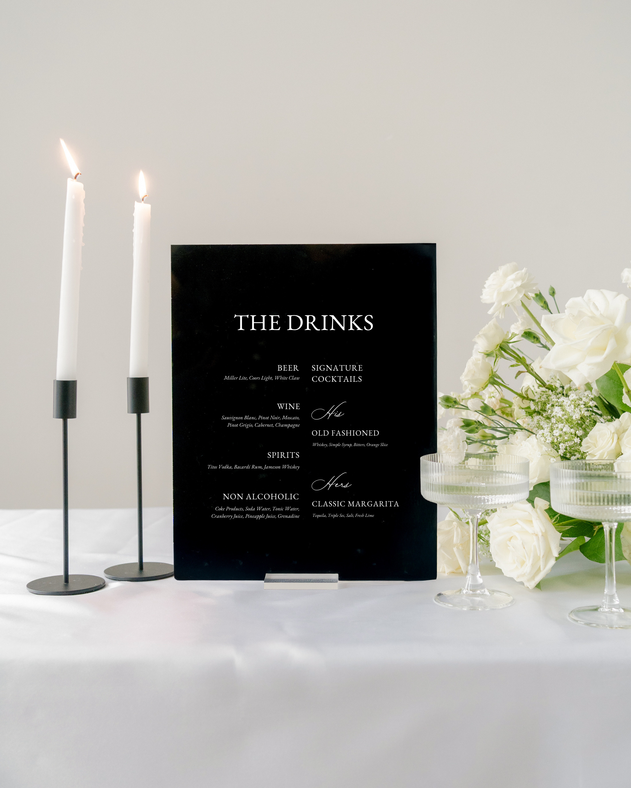 Acrylic Wedding Bar Menu Sign with signature drinks