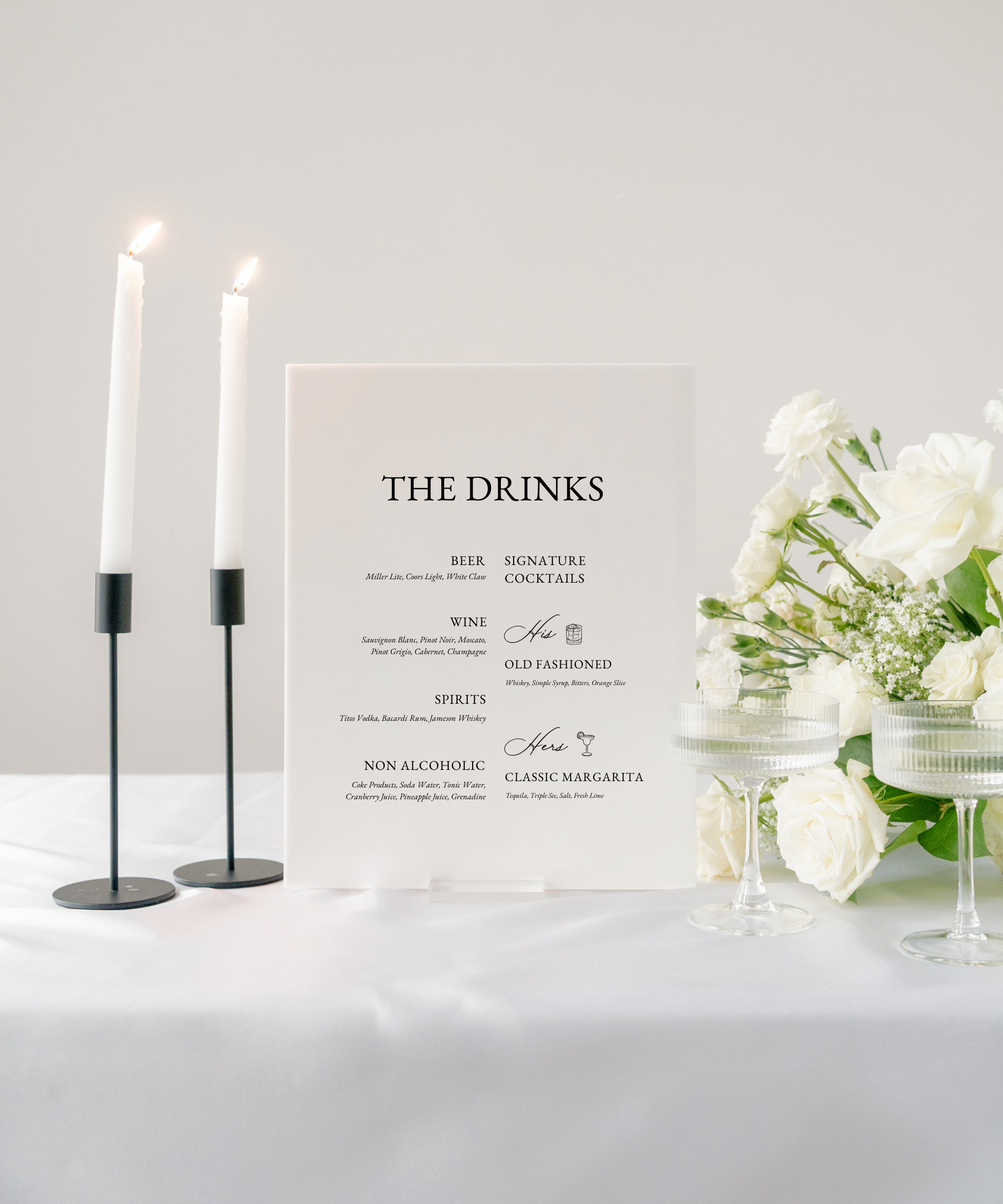 Acrylic Wedding Bar Menu Sign with signature drinks