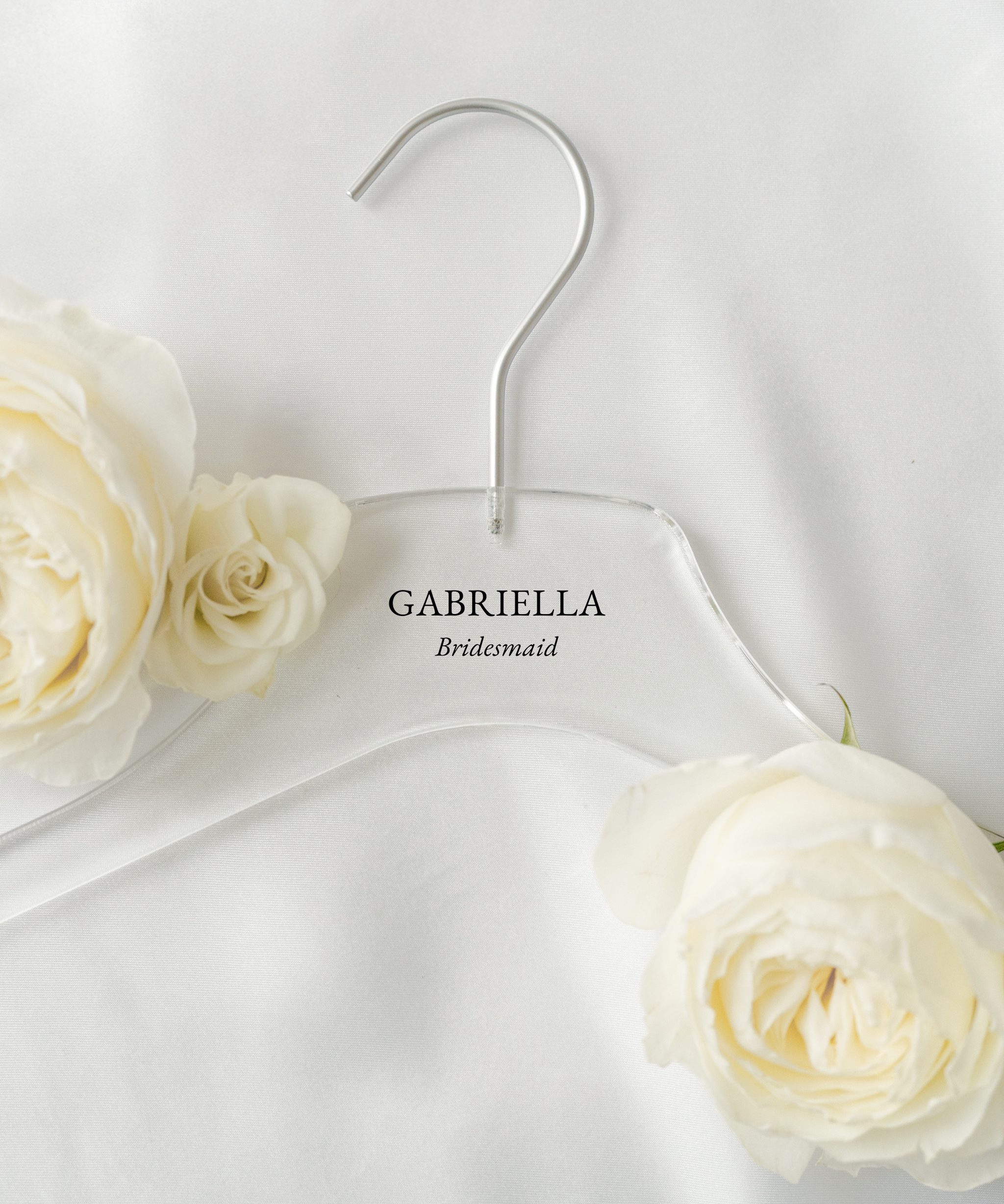Acrylic Wedding Bridesmaid Hangers personalized with name Gabriella
