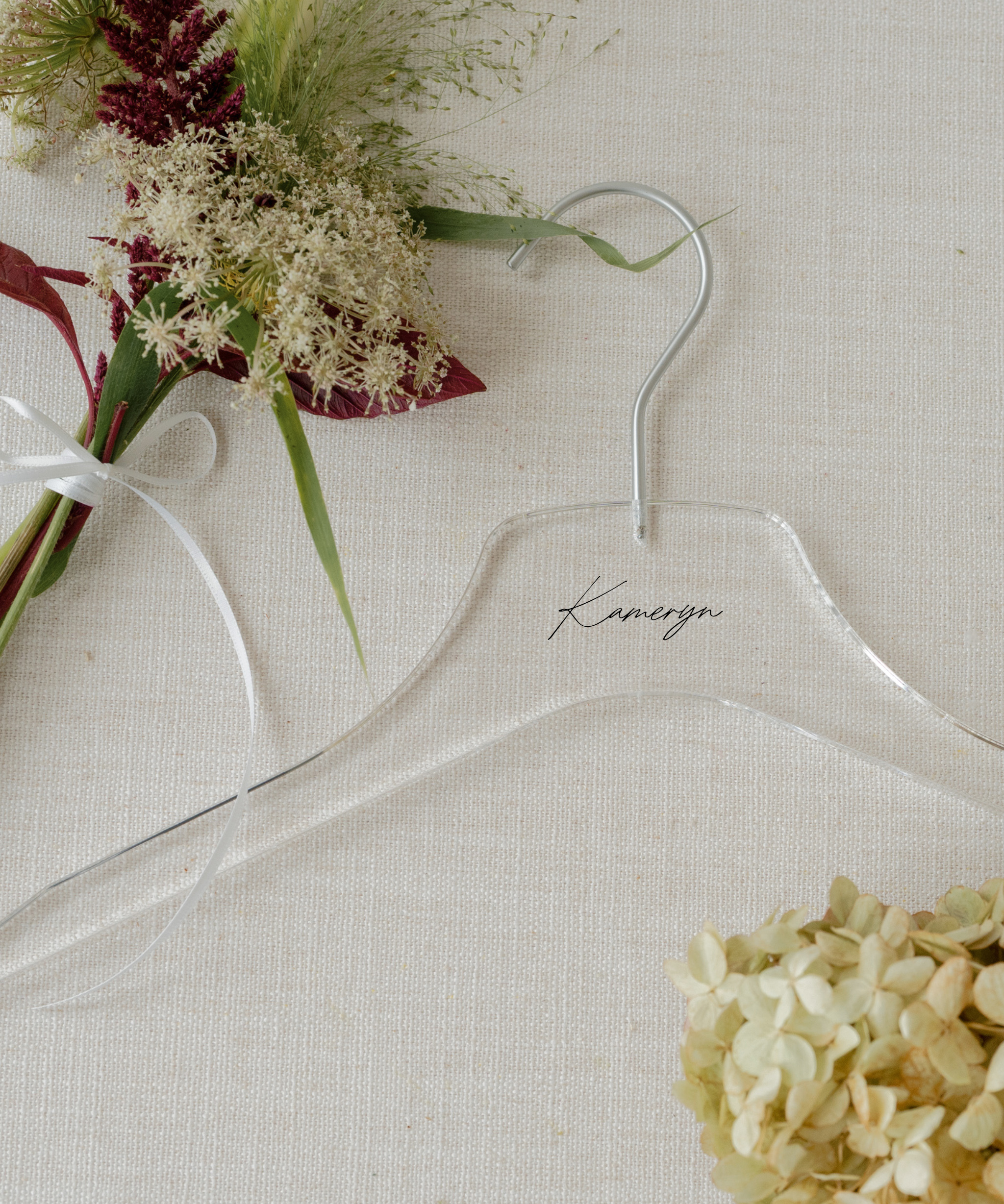 Acrylic Wedding Bridesmaid Hangers personalized with name Kameryn