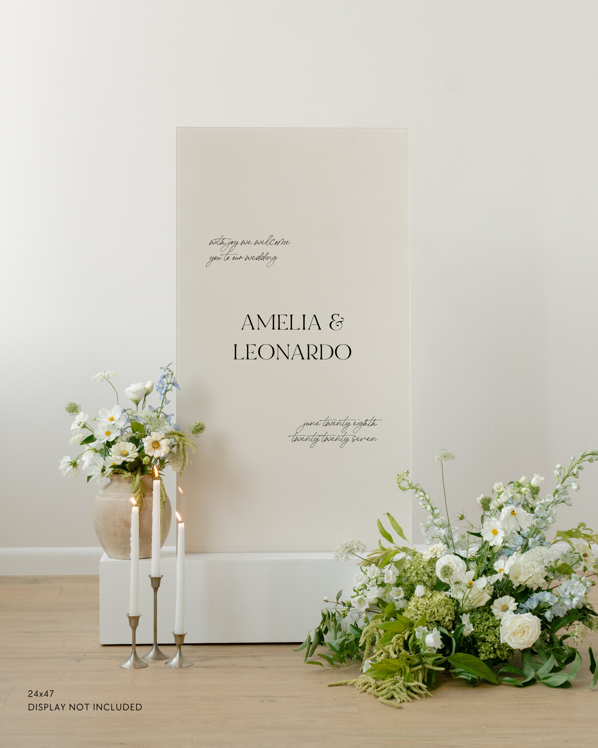 Acrylic Wedding Welcome Sign Amelia and Leonardo With All Our Love June Twenty Sixth Twenty Twenty Seven
