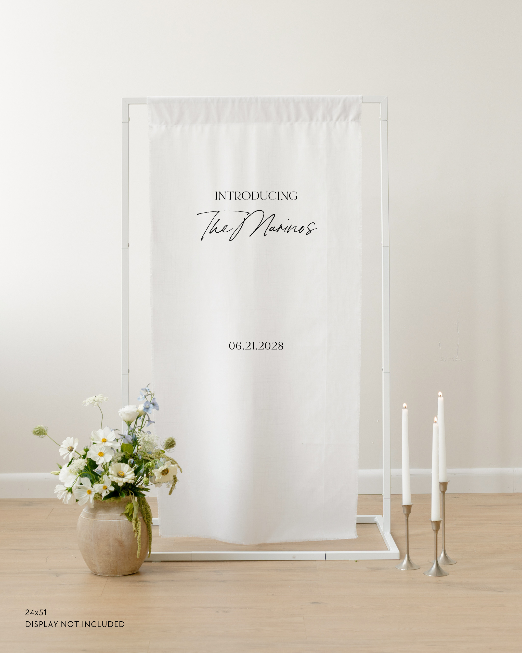 Linen Wedding Welcome Sign introducing The Marinos