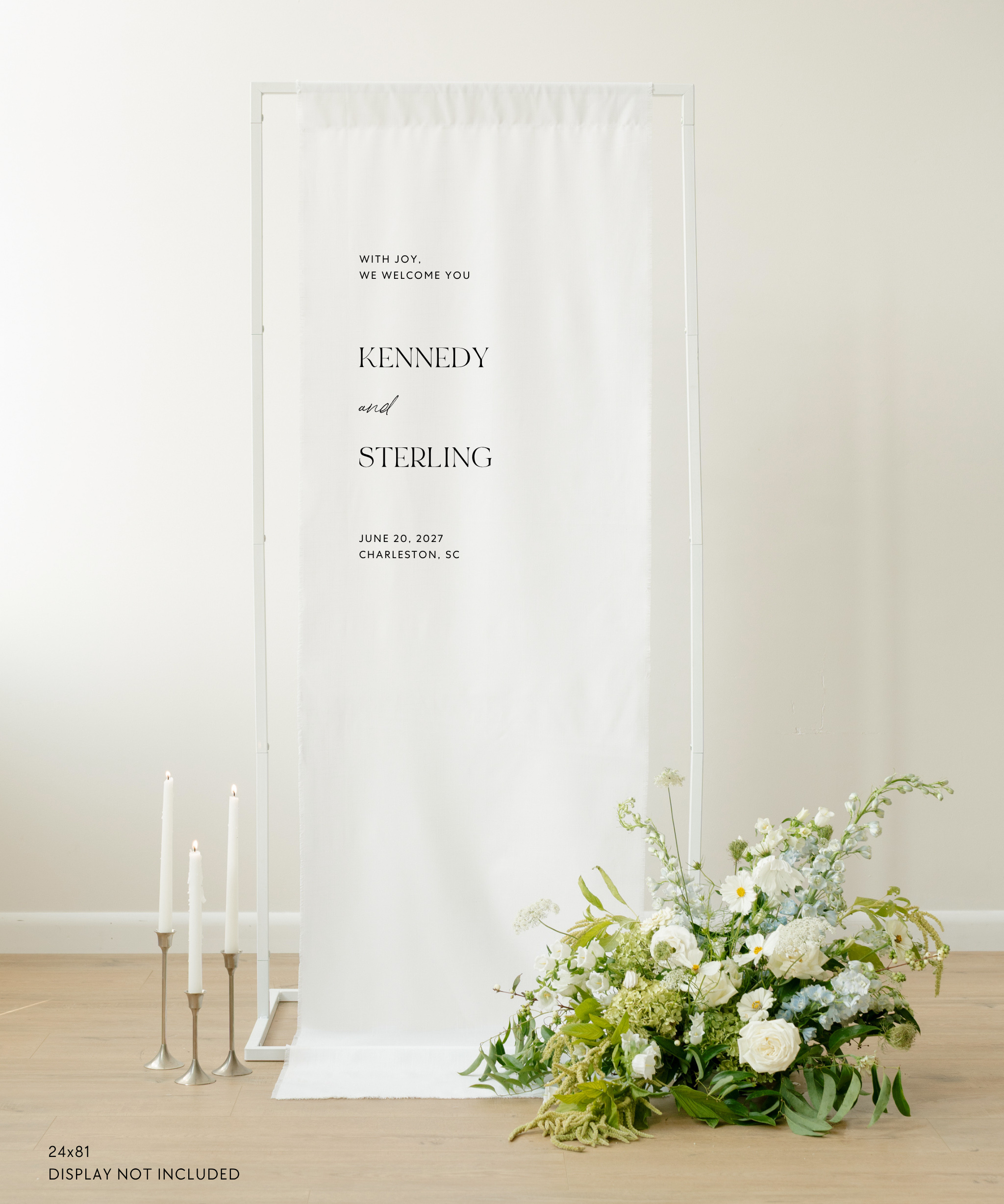 Linen Wedding Welcome Sign With Joy We Welcome You Kennedy and Sterling