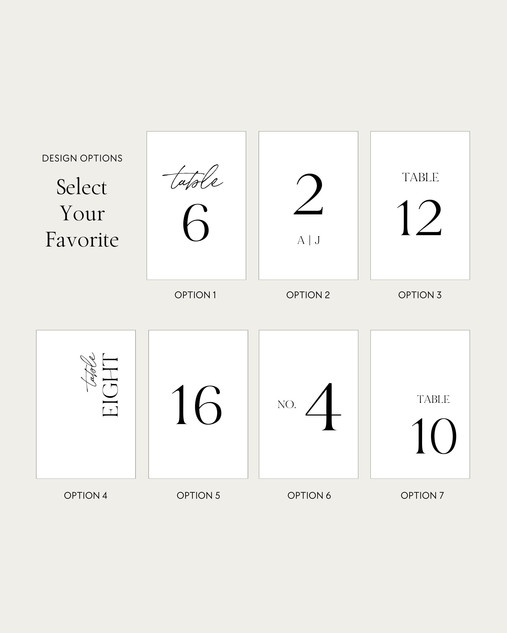 Stone Wedding Table Number Design Options multiple styles and fonts