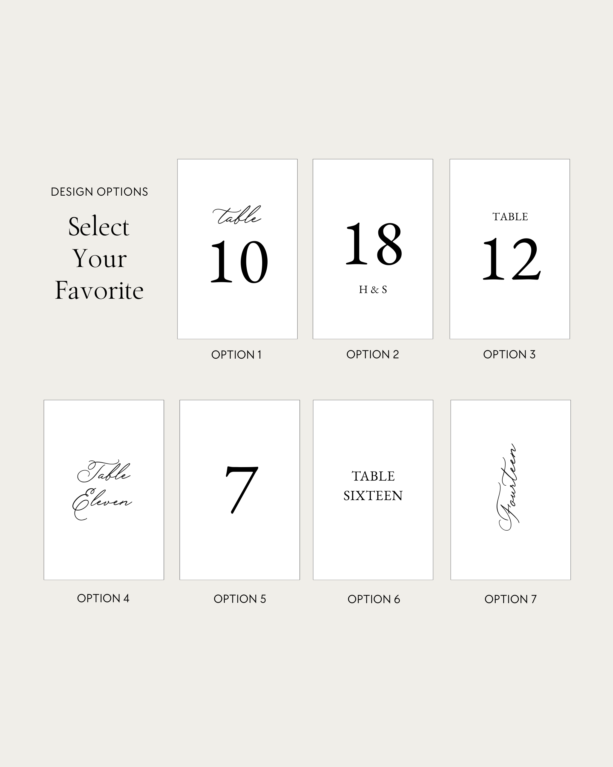 Stone Wedding Table Number Design Options multiple styles and fonts